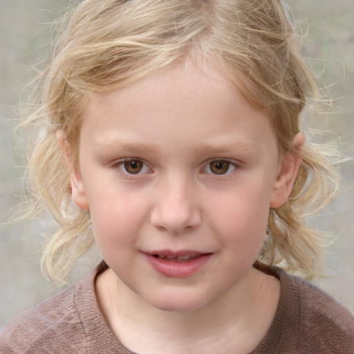 Joyful white child female with medium  brown hair and grey eyes