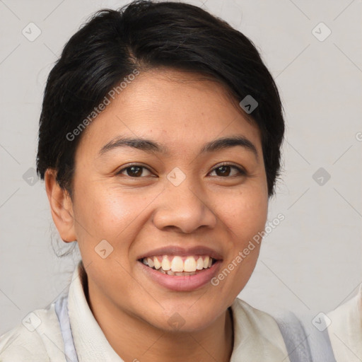 Joyful white young-adult female with medium  brown hair and brown eyes