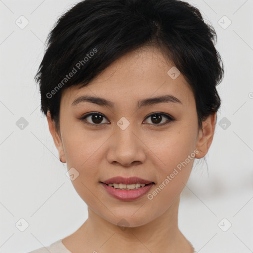 Joyful asian young-adult female with short  brown hair and brown eyes