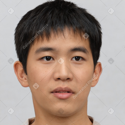 Neutral asian young-adult male with short  brown hair and brown eyes