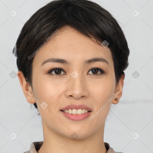 Joyful asian young-adult female with short  brown hair and brown eyes