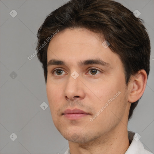 Neutral white young-adult male with short  brown hair and brown eyes