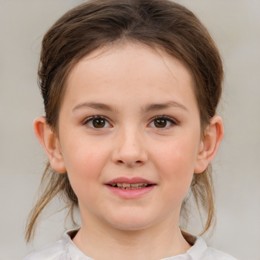 Joyful white child female with medium  brown hair and brown eyes