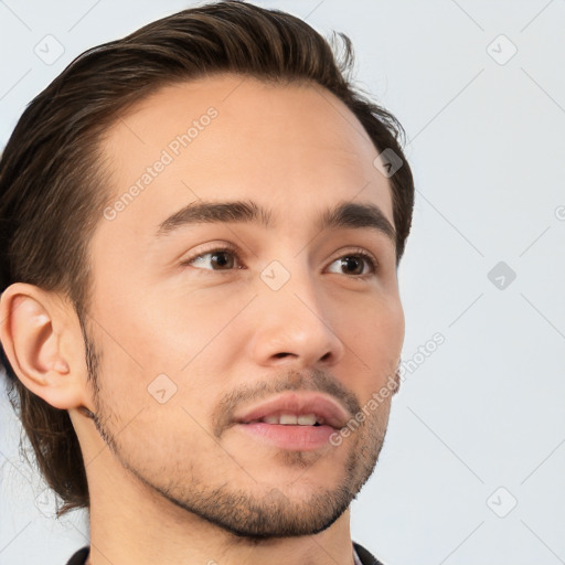 Neutral white young-adult male with short  brown hair and brown eyes