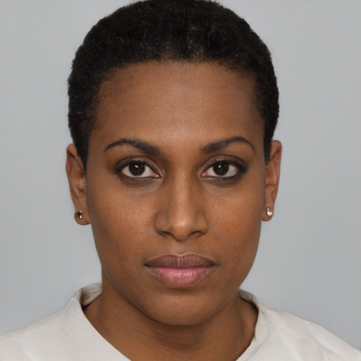 Neutral black young-adult female with short  black hair and brown eyes