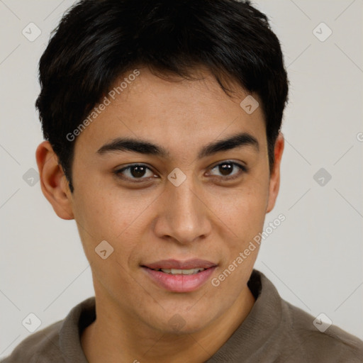 Joyful asian young-adult male with short  brown hair and brown eyes