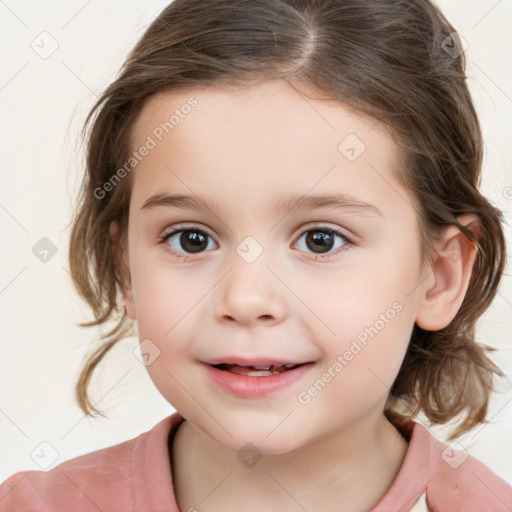 Joyful white child female with medium  brown hair and brown eyes