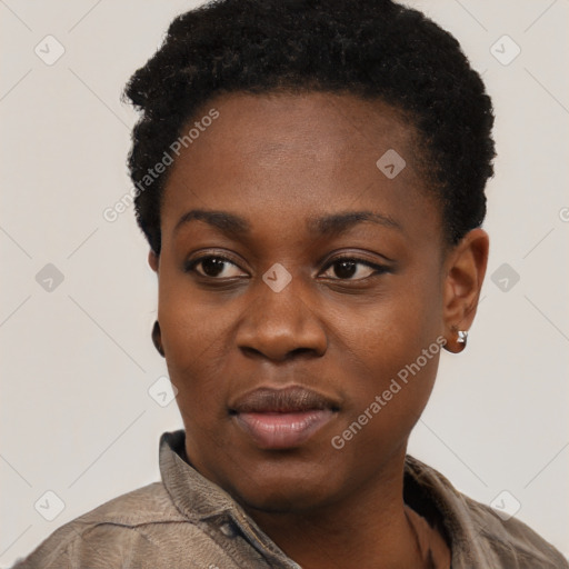 Neutral black young-adult female with short  black hair and brown eyes