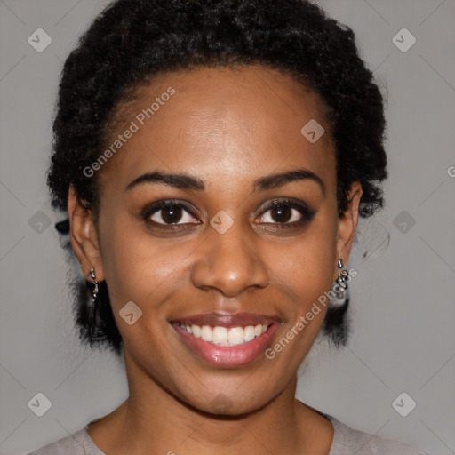 Joyful latino young-adult female with short  black hair and brown eyes