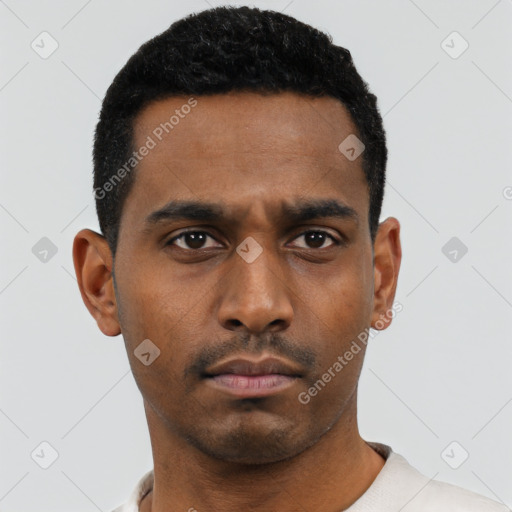 Neutral black young-adult male with short  black hair and brown eyes