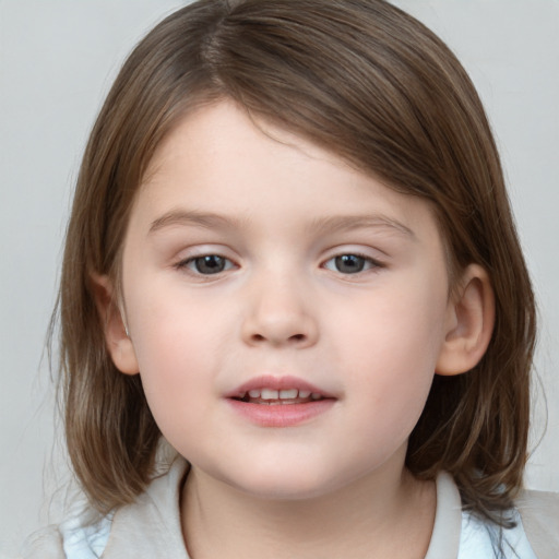 Neutral white child female with medium  brown hair and grey eyes