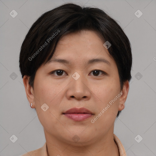 Joyful asian adult female with short  brown hair and brown eyes