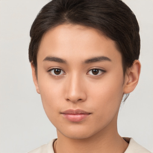 Neutral asian young-adult female with short  brown hair and brown eyes