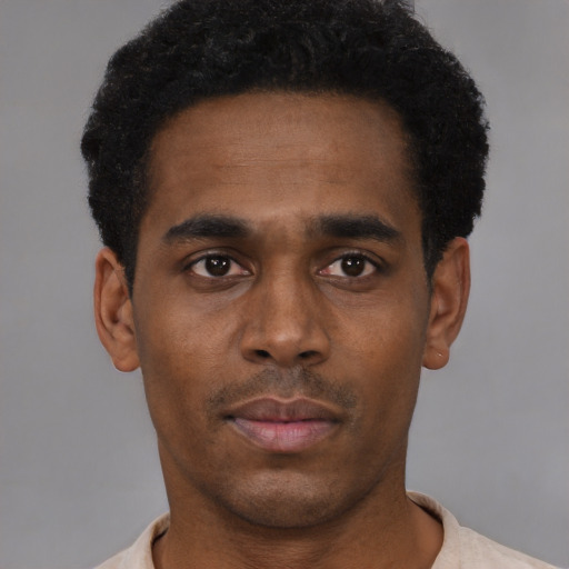 Neutral black young-adult male with short  black hair and brown eyes