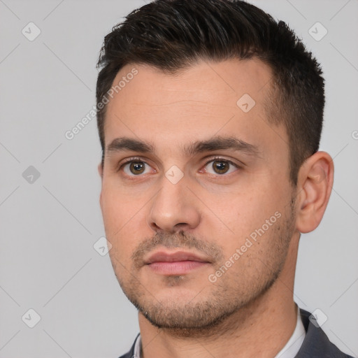 Neutral white young-adult male with short  brown hair and brown eyes