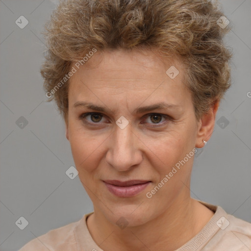 Joyful white adult female with short  brown hair and brown eyes