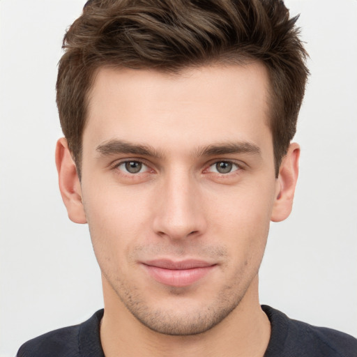 Neutral white young-adult male with short  brown hair and brown eyes