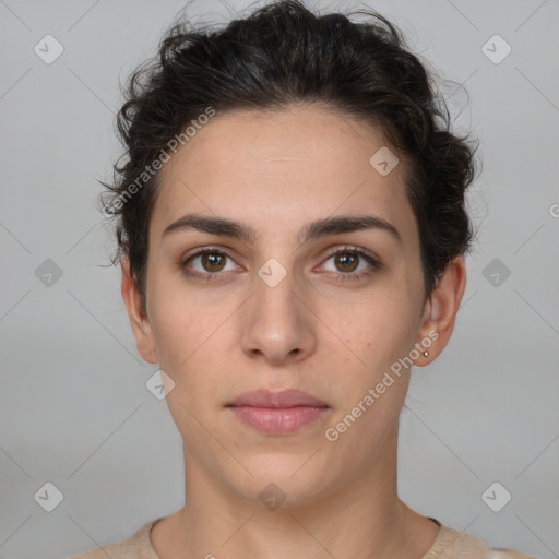 Neutral white young-adult female with short  brown hair and brown eyes