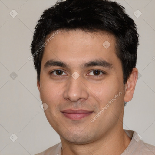 Joyful white young-adult male with short  black hair and brown eyes