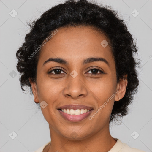 Joyful latino young-adult female with short  brown hair and brown eyes