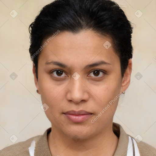 Neutral latino young-adult female with short  brown hair and brown eyes