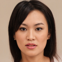 Neutral asian young-adult female with medium  black hair and brown eyes