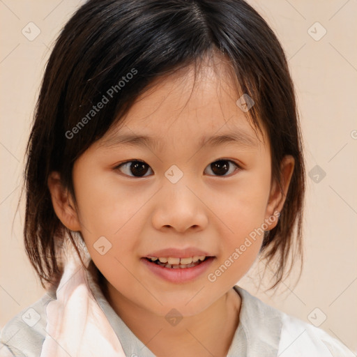 Joyful white child female with medium  brown hair and brown eyes