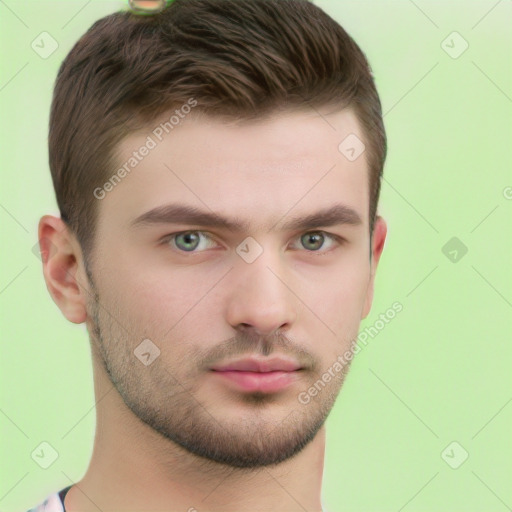 Neutral white young-adult male with short  brown hair and brown eyes