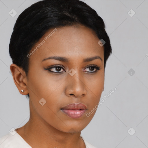 Neutral asian young-adult female with short  black hair and brown eyes