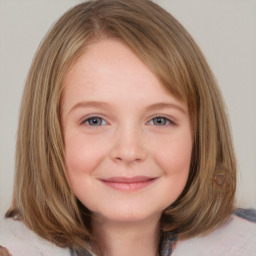 Joyful white child female with medium  brown hair and grey eyes