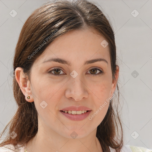 Joyful white young-adult female with medium  brown hair and brown eyes