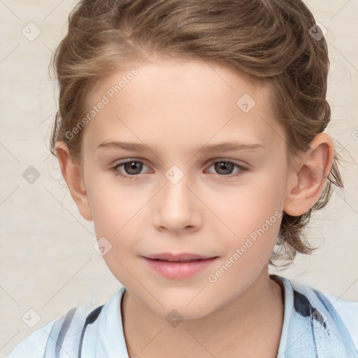 Joyful white child female with medium  brown hair and brown eyes