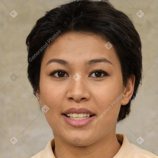 Joyful asian young-adult female with short  brown hair and brown eyes