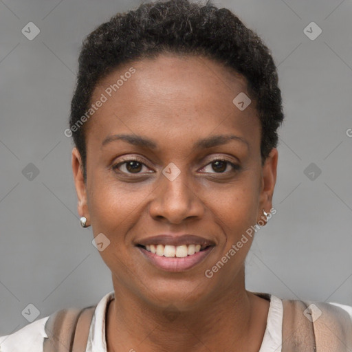 Joyful black young-adult female with short  brown hair and brown eyes