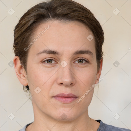 Neutral white young-adult female with short  brown hair and brown eyes