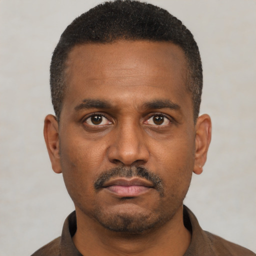 Neutral black young-adult male with short  black hair and brown eyes