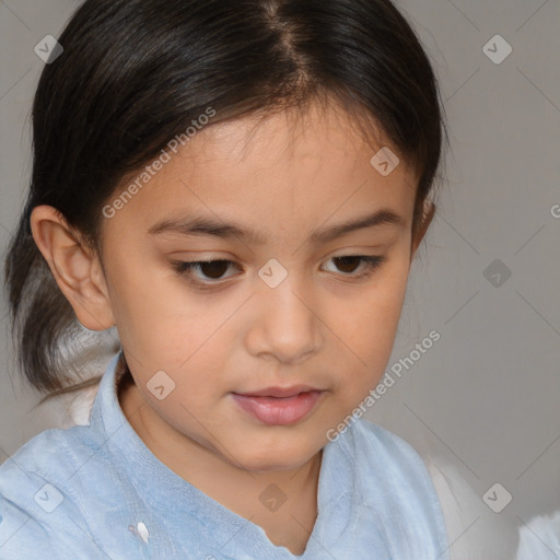 Joyful white child female with medium  brown hair and brown eyes