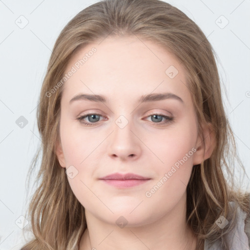 Neutral white young-adult female with long  brown hair and grey eyes