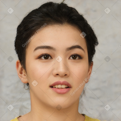 Joyful asian young-adult female with short  brown hair and brown eyes