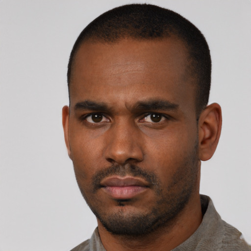 Neutral black young-adult male with short  black hair and brown eyes