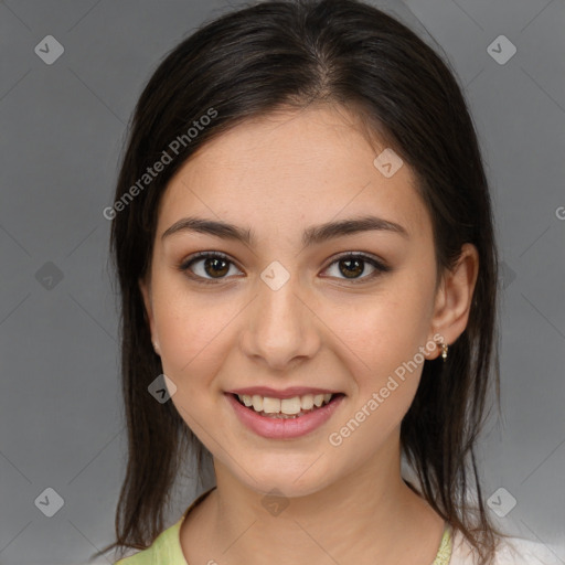 Joyful white young-adult female with medium  brown hair and brown eyes