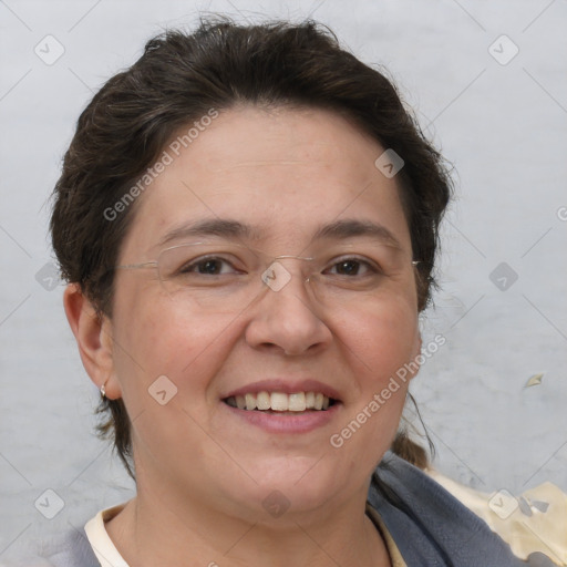 Joyful white adult female with short  brown hair and brown eyes