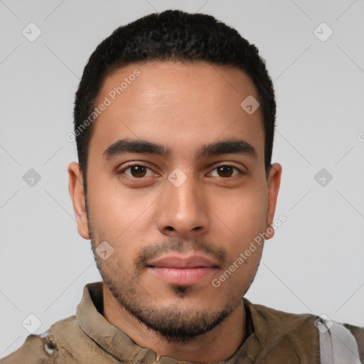 Neutral white young-adult male with short  black hair and brown eyes