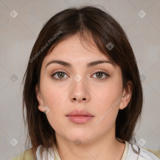 Neutral white young-adult female with medium  brown hair and brown eyes