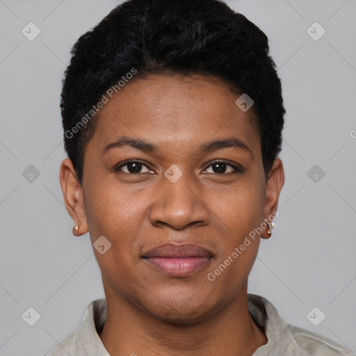 Joyful black young-adult female with short  black hair and brown eyes