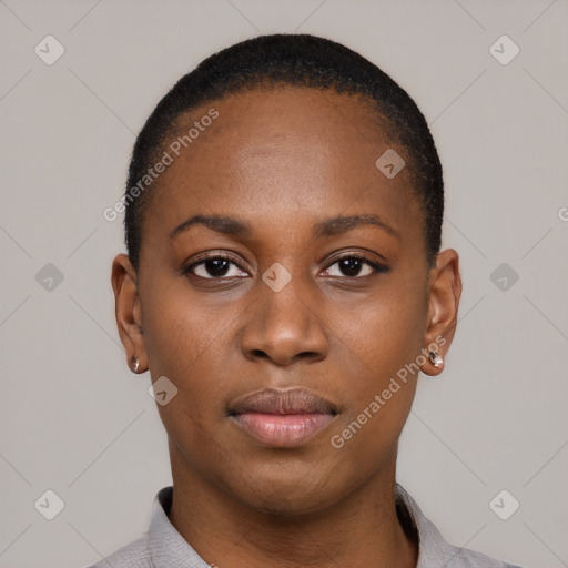 Neutral black young-adult female with short  black hair and brown eyes