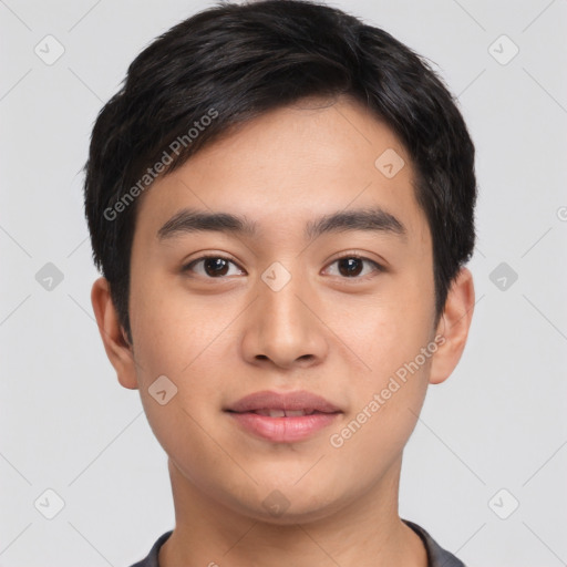 Neutral asian young-adult male with short  black hair and brown eyes