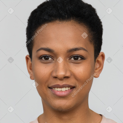 Joyful black young-adult female with short  black hair and brown eyes