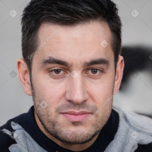 Neutral white young-adult male with short  brown hair and brown eyes