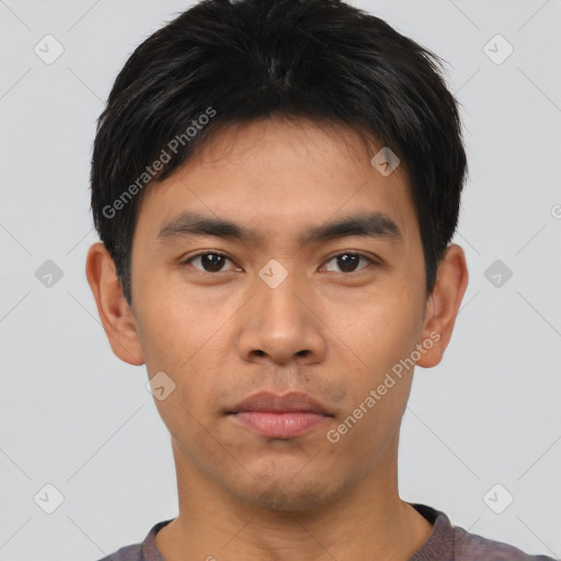 Neutral asian young-adult male with short  black hair and brown eyes